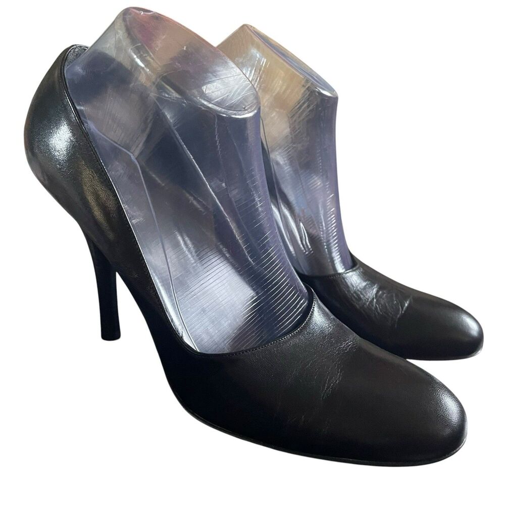 GUCCI SHOES HIGH HEEL BLACK LEATHER ROUNDED TOELINE PUMP SIZE 40 US 10 LUXURY - Picture 5 of 13